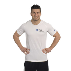 Bedruckte günstige Männer Laufshirts in weiß und in Leuchtfarben für das Team der Unfallversicherung VBG