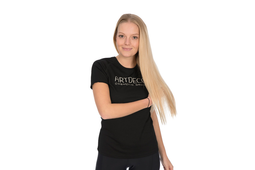 Atmungsaktives, schwarzes Firmenlaufshirt für Damen, bedruckt mit Logo